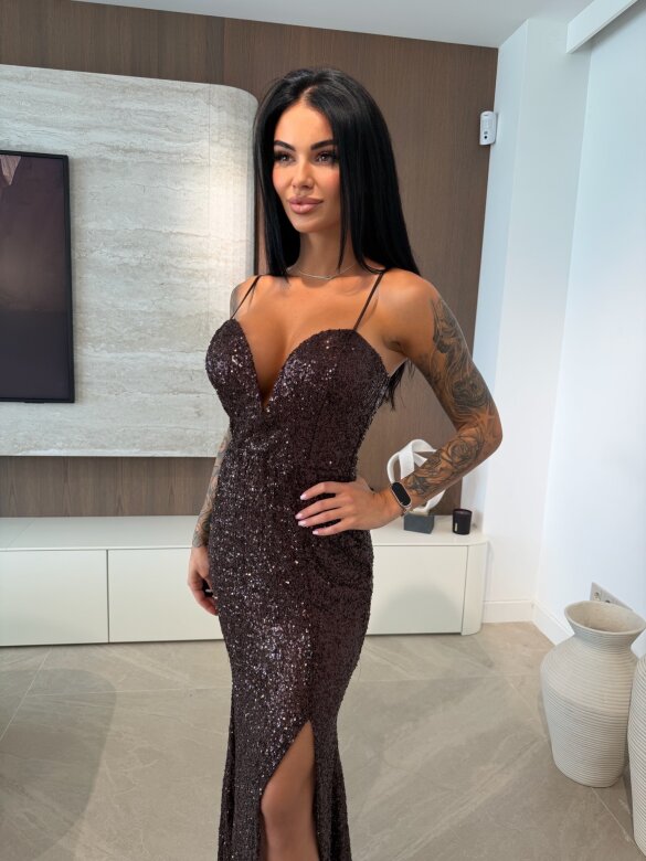 Sukienka Cortiva maxi z cekinami czekoladowa