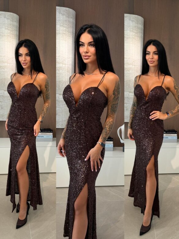 Sukienka Cortiva maxi z cekinami czekoladowa