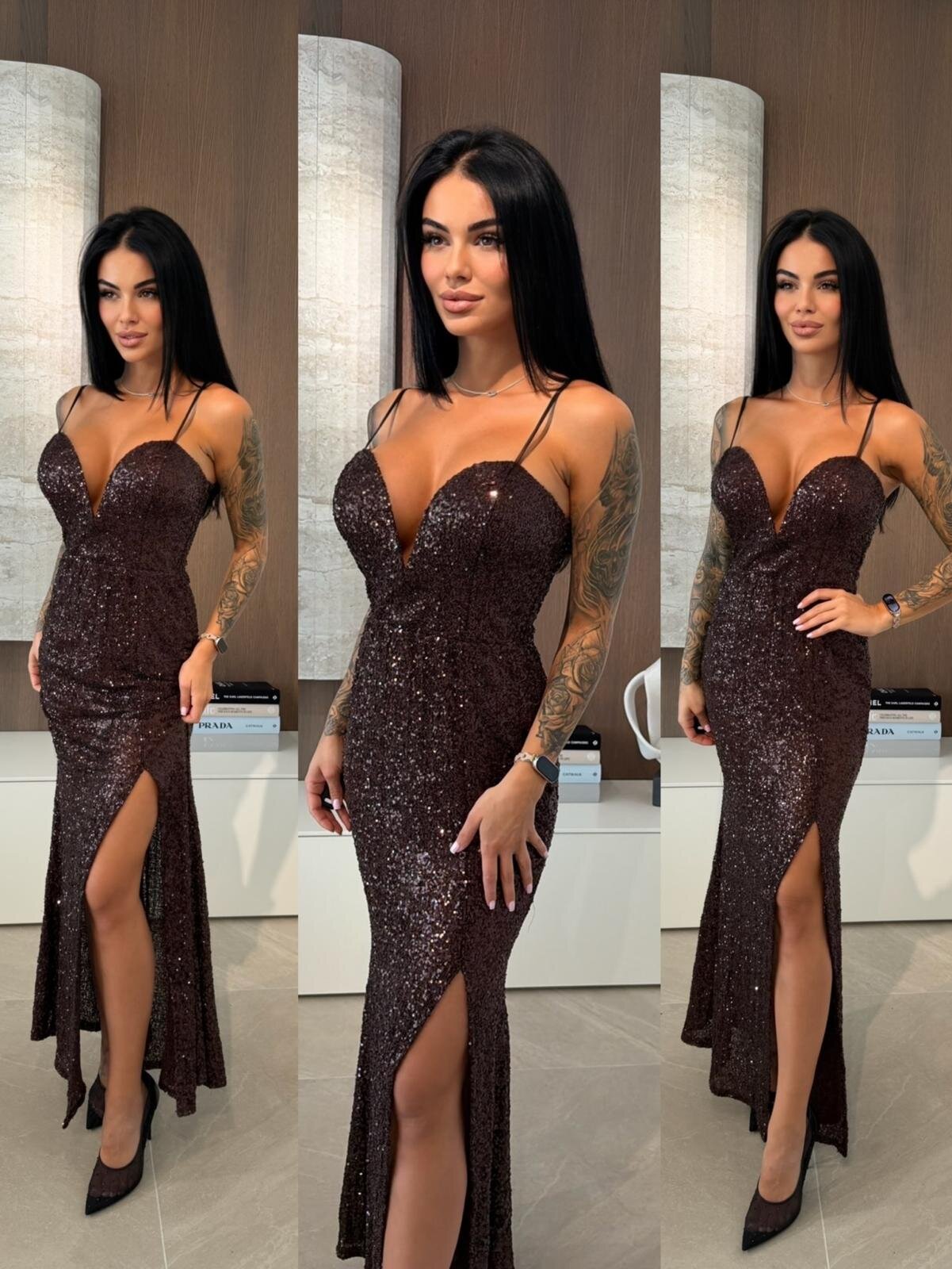 Sukienka Cortiva maxi z cekinami czekoladowa