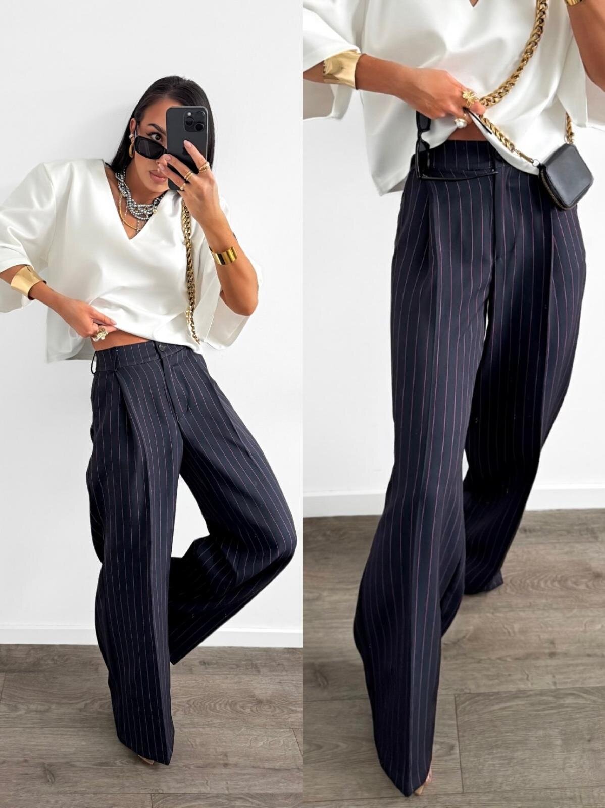 Spodnie Morgan w paski granatowo-różowe