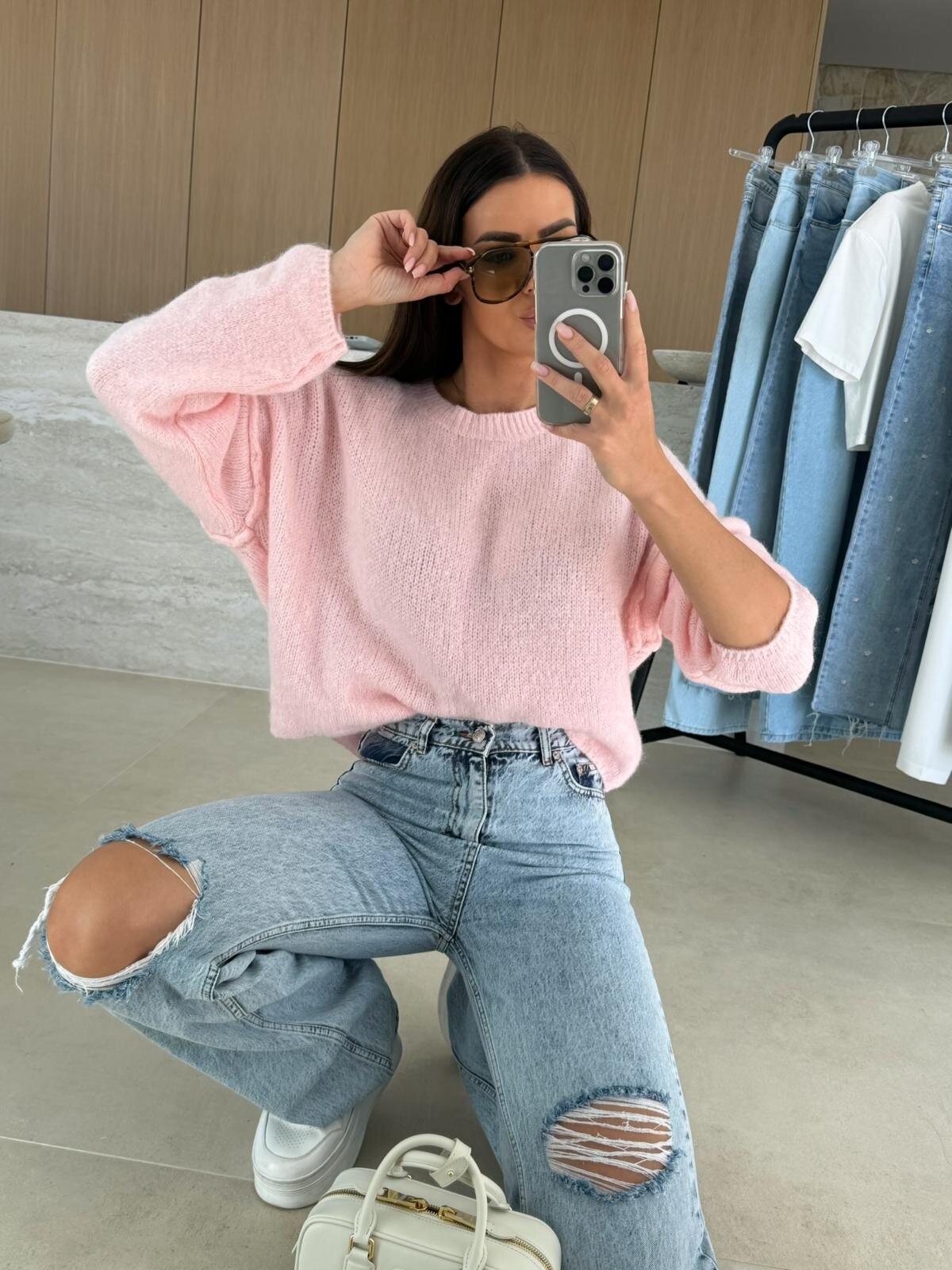 Sweter Pastels z alpaką i wełną pudrowy