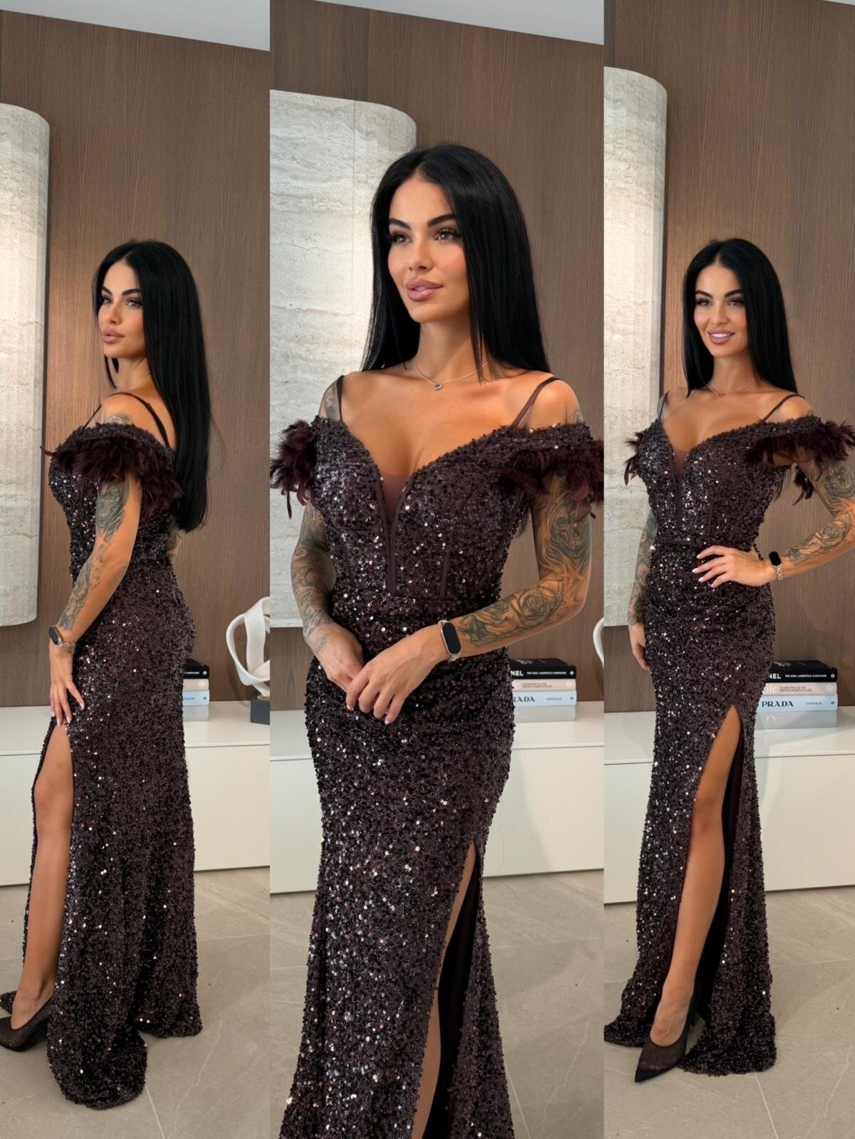 Sukienka Lunissa maxi z cekinami czekoladowa