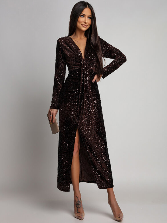 Sukienka Novalla maxi z cekinami brązowa
