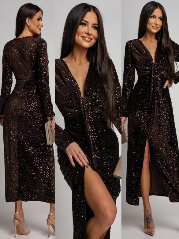 Sukienka Novalla maxi z cekinami brązowa