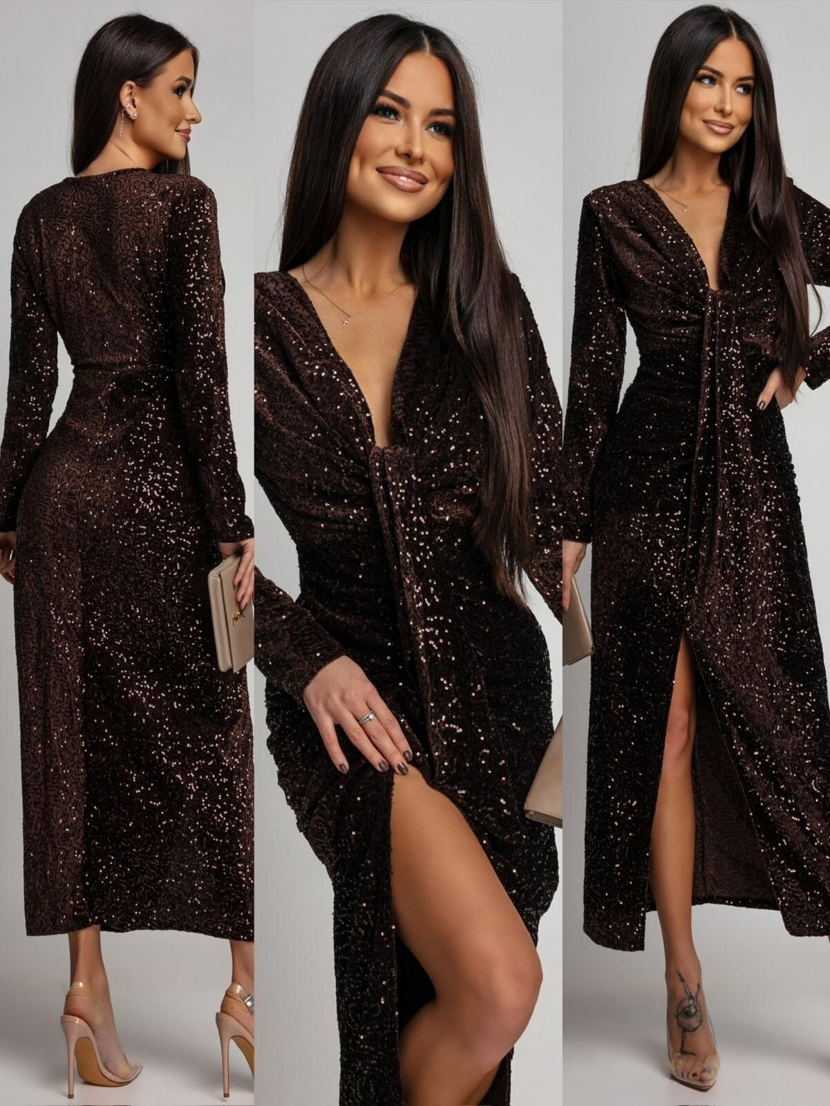 Sukienka Novalla maxi z cekinami brązowa