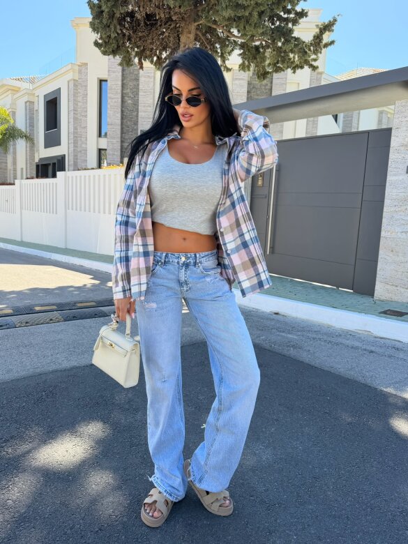 Koszula Elvia flanelowa w kratę pudrowo-niebieska