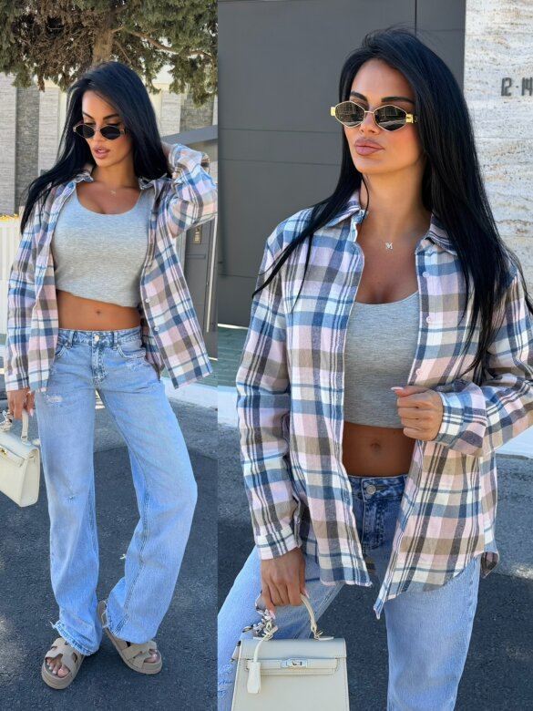 Koszula Elvia flanelowa w kratę pudrowo-niebieska