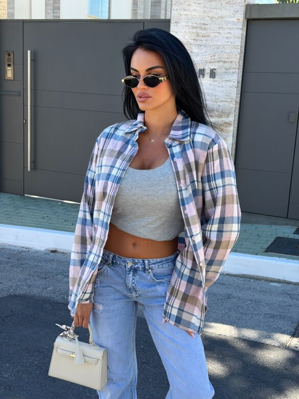 Koszula Elvia flanelowa w kratę pudrowo-niebieska