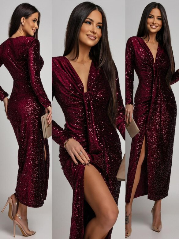 Sukienka Novalla maxi z cekinami bordowa