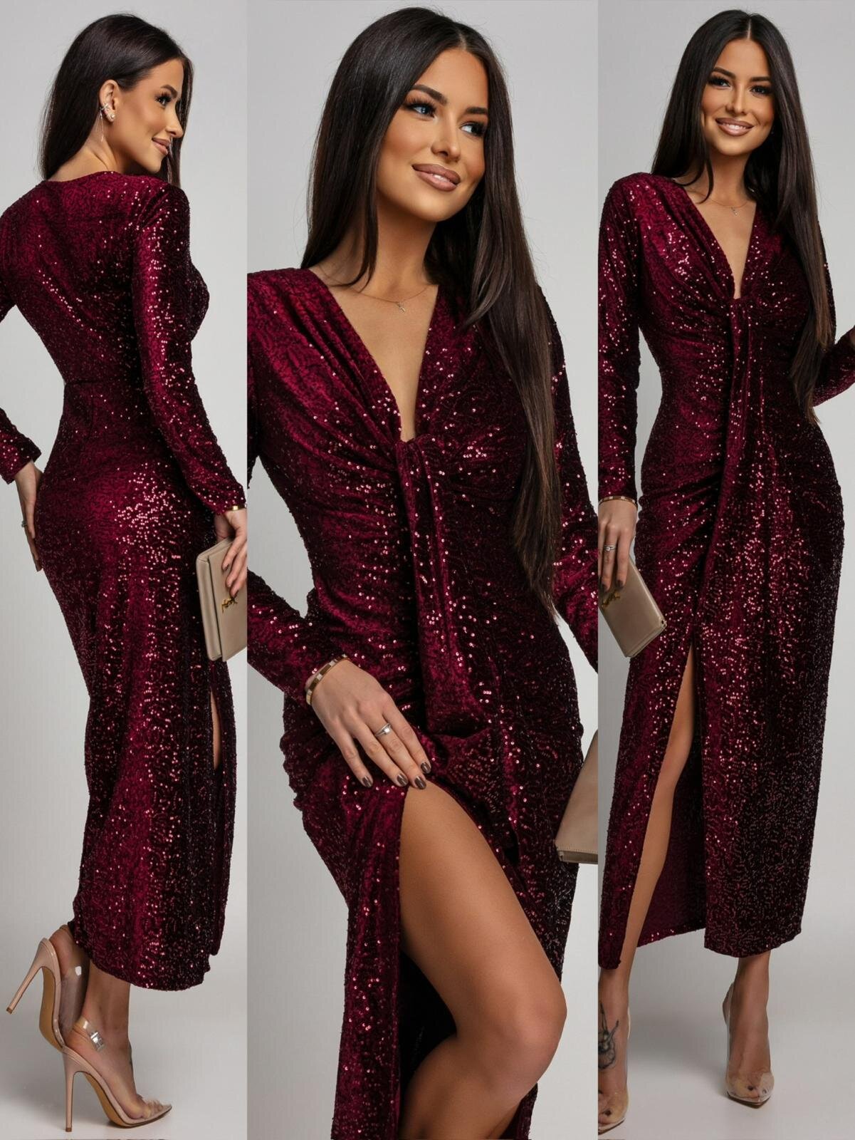 Sukienka Novalla maxi z cekinami bordowa