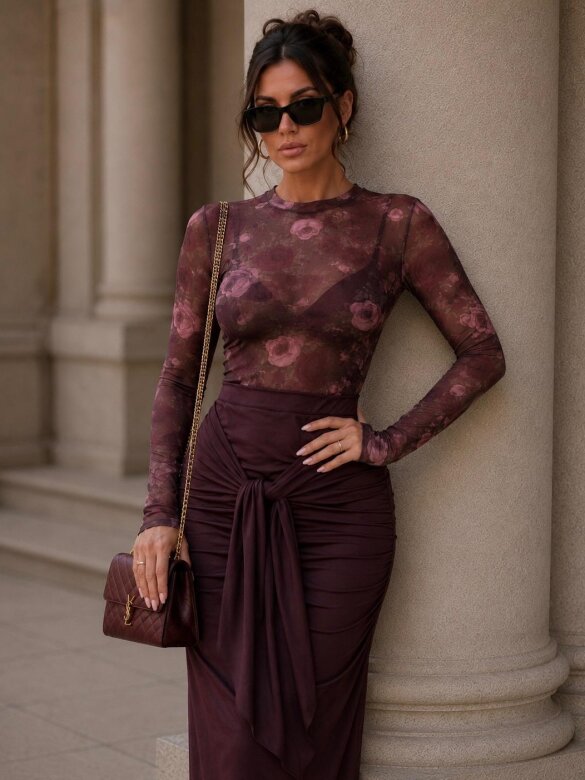 Blouse Lesillo with net mocca-plum