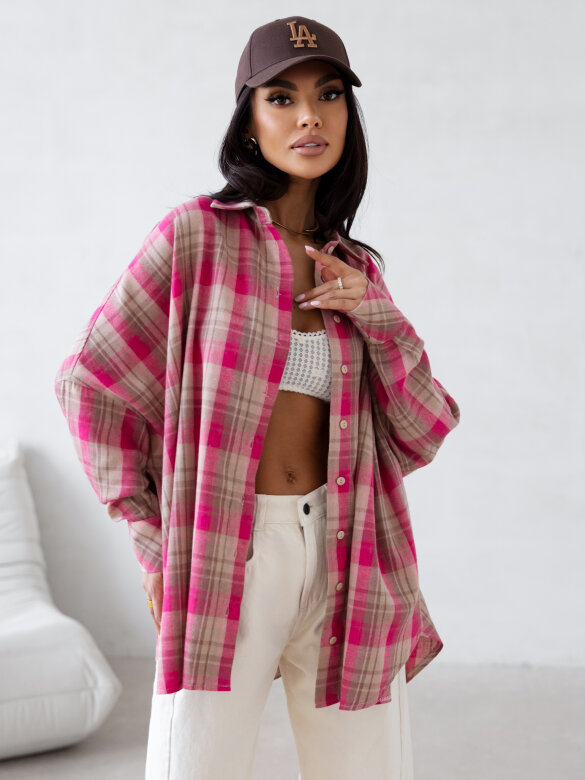 Koszula Easy Wear w kratę beżowo-różowa