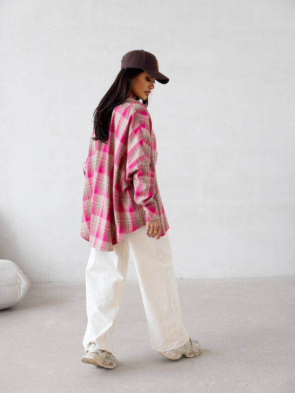 Koszula Easy Wear w kratę beżowo-różowa