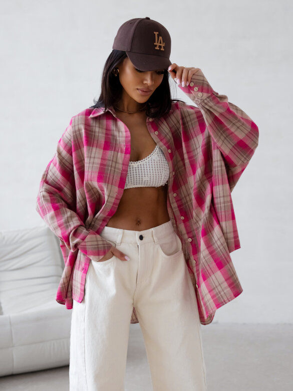 Koszula Easy Wear w kratę beżowo-różowa