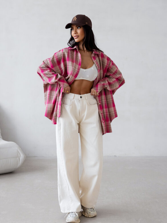 Koszula Easy Wear w kratę beżowo-różowa