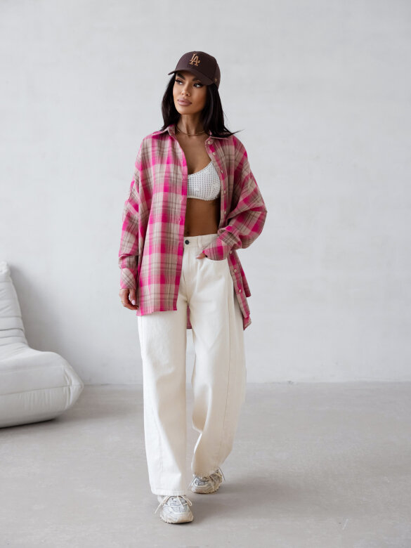 Koszula Easy Wear w kratę beżowo-różowa