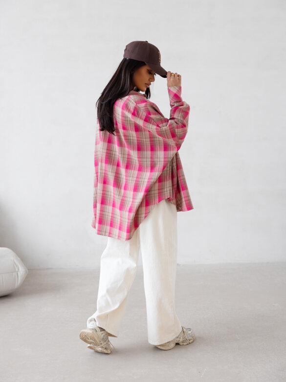 Koszula Easy Wear w kratę beżowo-różowa