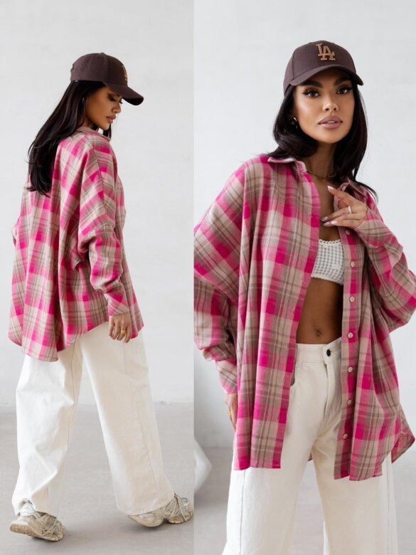 Koszula Easy Wear w kratę beżowo-różowa