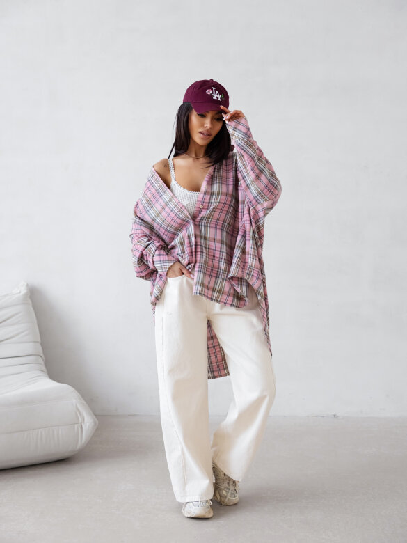 Koszula Easy Wear w kratę pudrowo-beżowa 