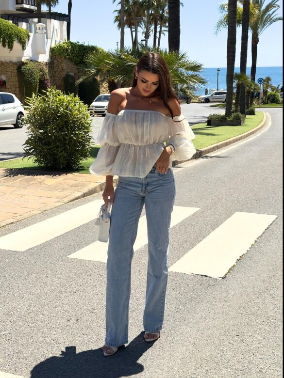 Bluzka Alira hiszpanka z wiskozy w kropki ecru 