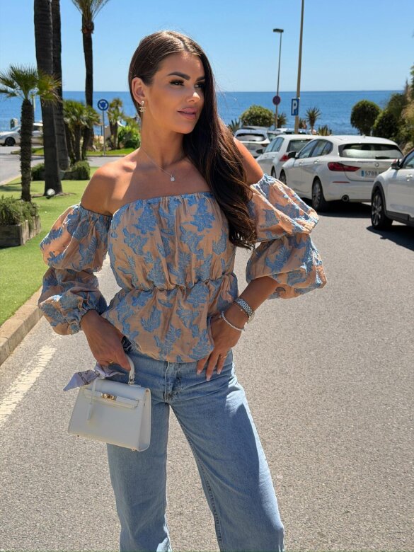 Bluzka Alira hiszpanka z wiskozy beżowo-niebieska