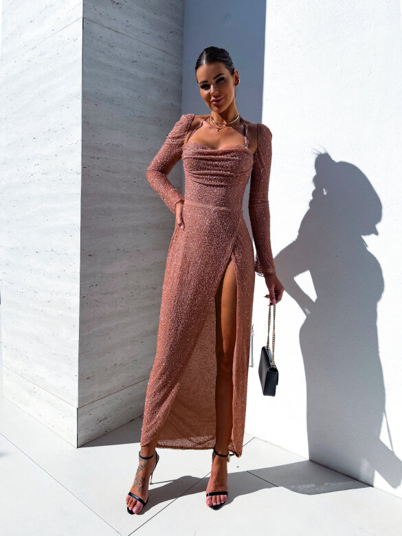 Sukienka Mona Premium maxi z koralikami nude