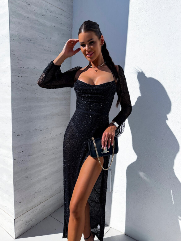 Sukienka Mona Premium maxi z koralikami czarna