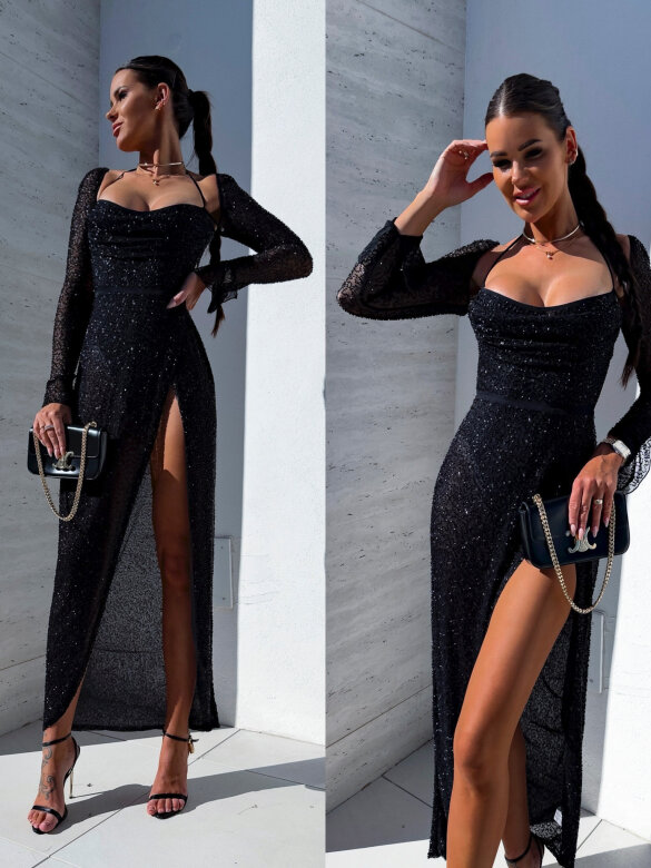 Sukienka Mona Premium maxi z koralikami czarna