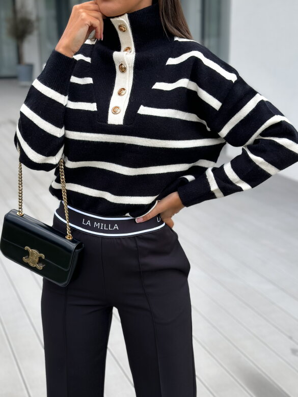 Sweter Single's Day w paski czarny-ecru
