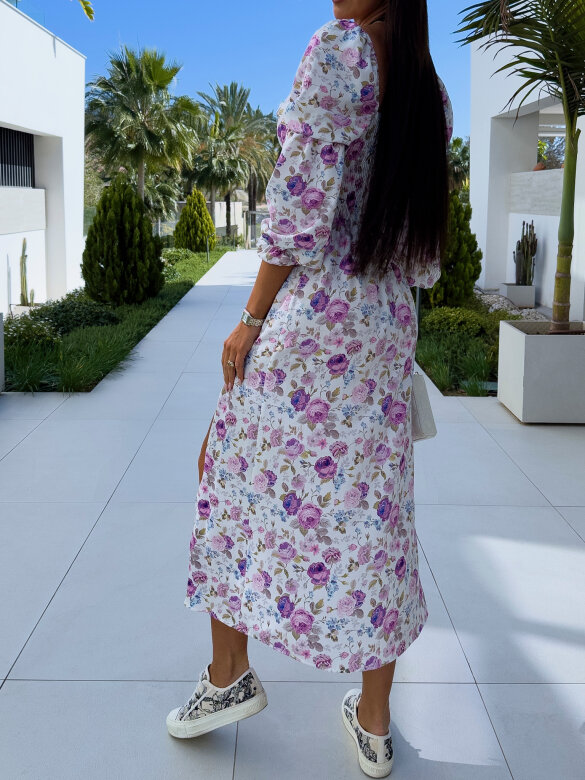 Sukienka Nala midi w fioletowe kwiaty ecru