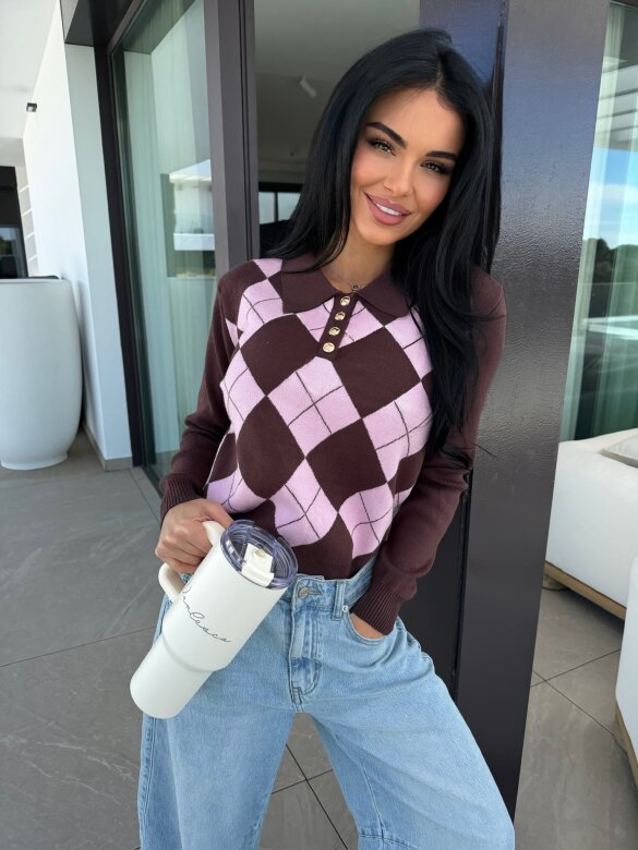 Sweter Minnes pudrowo-czekoladowy