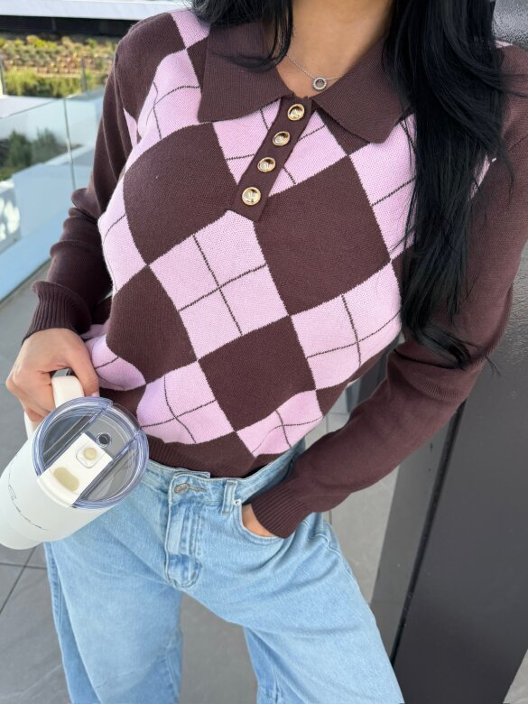 Sweter Minnes pudrowo-czekoladowy