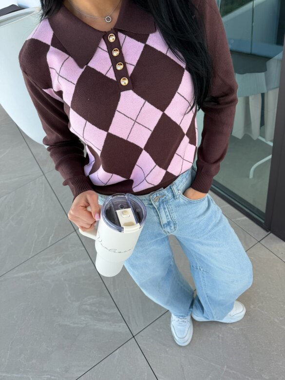 Sweter Minnes pudrowo-czekoladowy