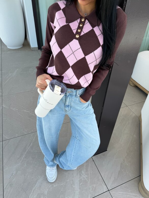 Sweter Minnes pudrowo-czekoladowy