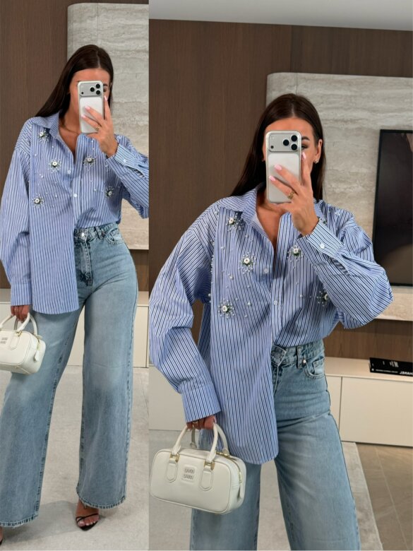 Koszula Carolina z perłami niebieska