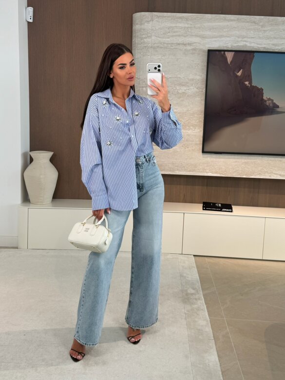 Koszula Carolina z perłami niebieska