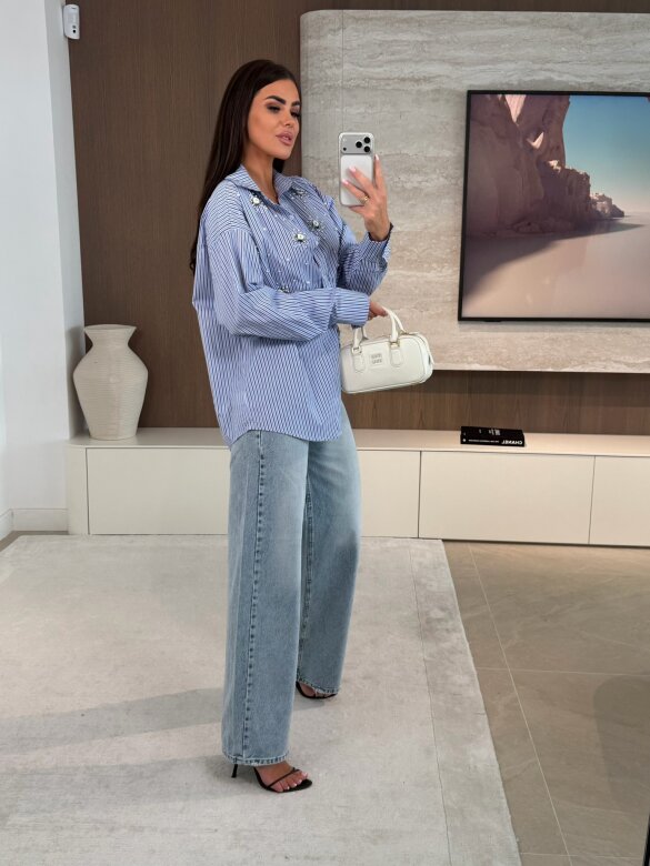 Koszula Carolina z perłami niebieska