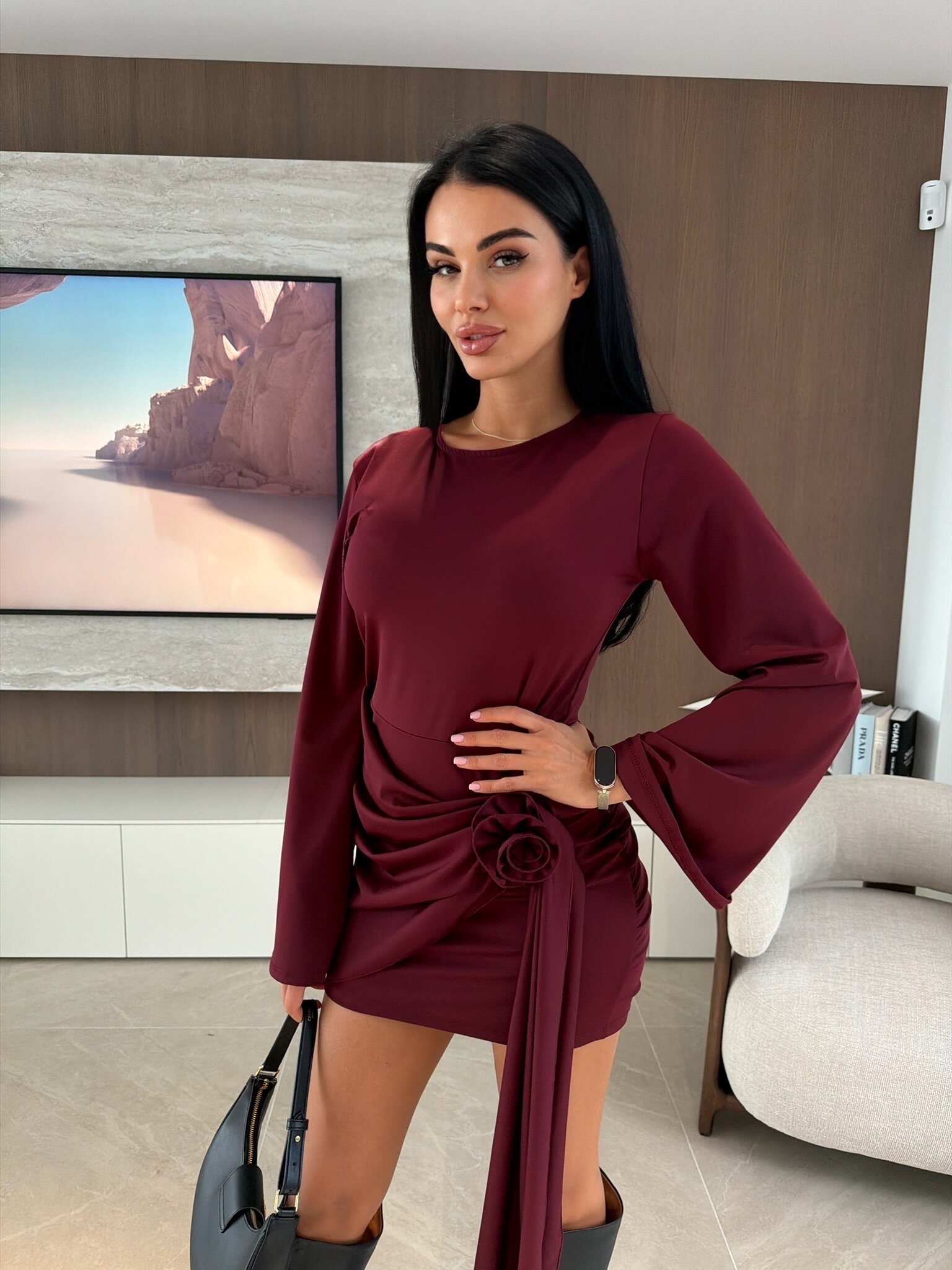 Sukienka Elene z szarfą bordowa 