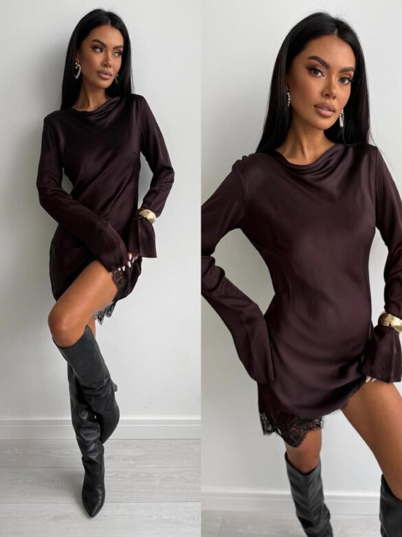 Sukienka Lunvera z koronką czekoladowa 