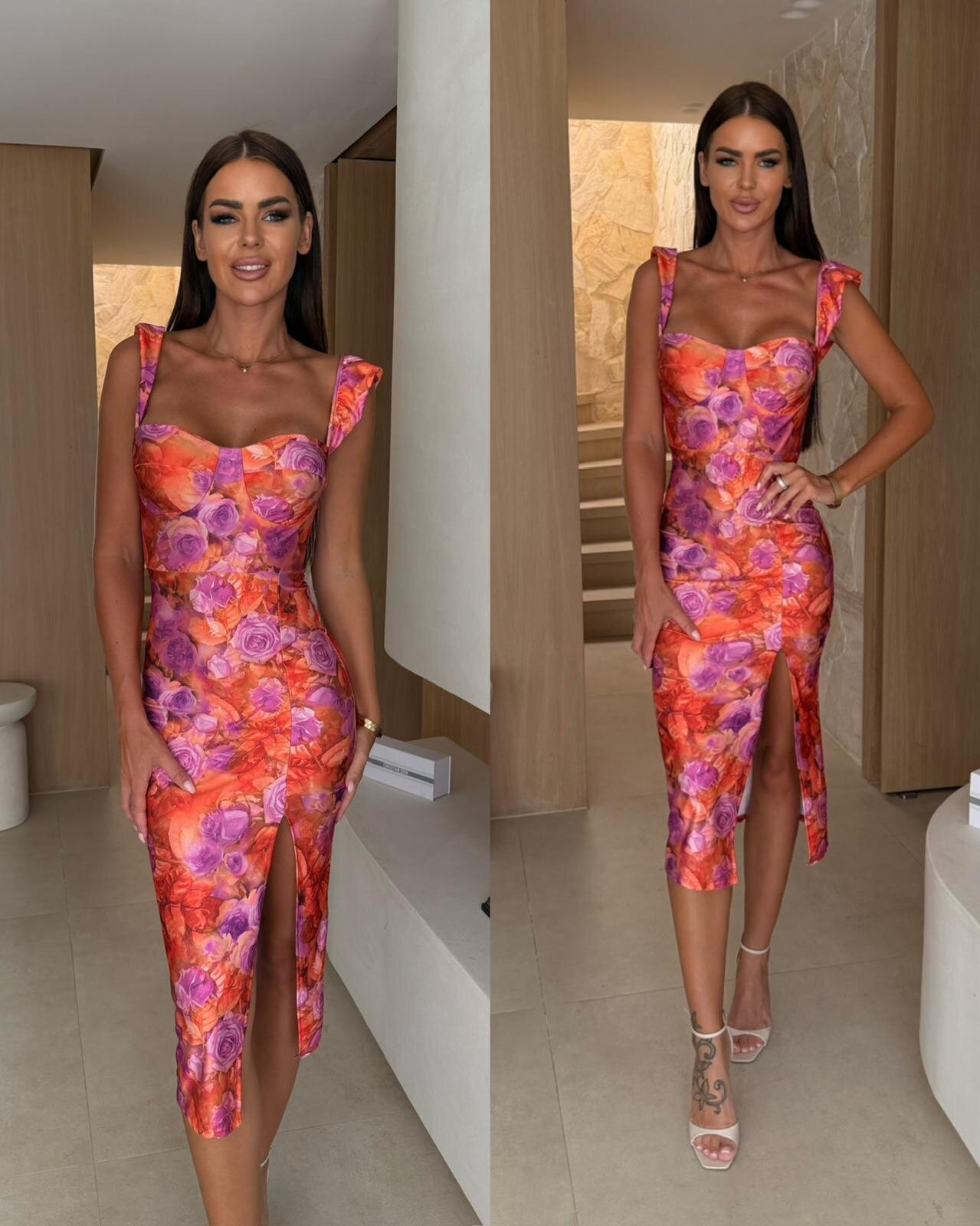 Sukienka Rosemarry w kwiaty pomarańczowo-różowa