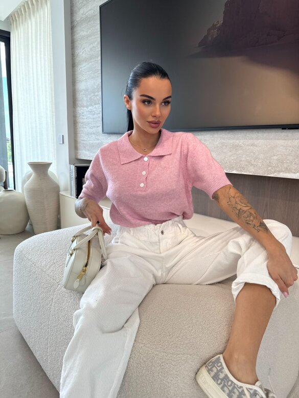 Sweter Tullip z kołnierzem pudrowy