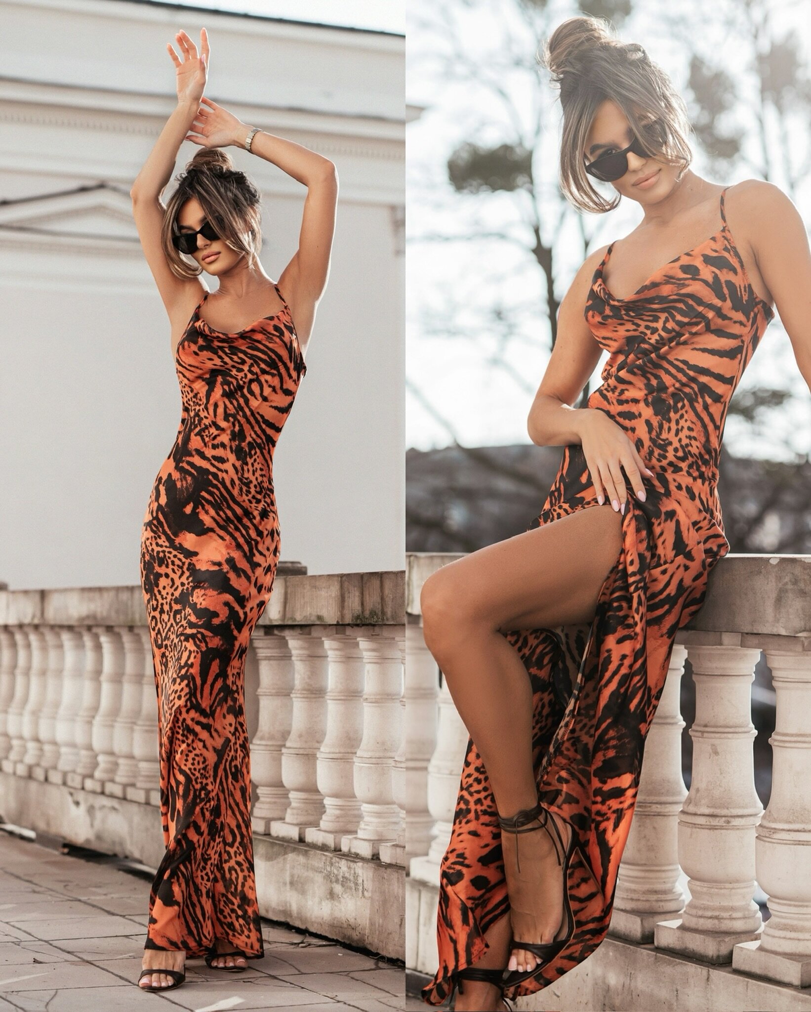 Sukienka Cartia satynowa czarno-pomarańczowa 