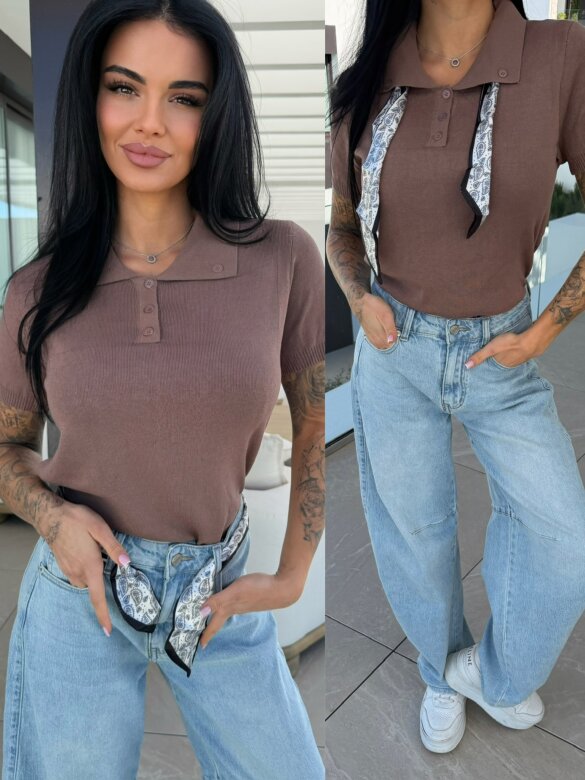 T-shirt Faletto z apaszką brązowy