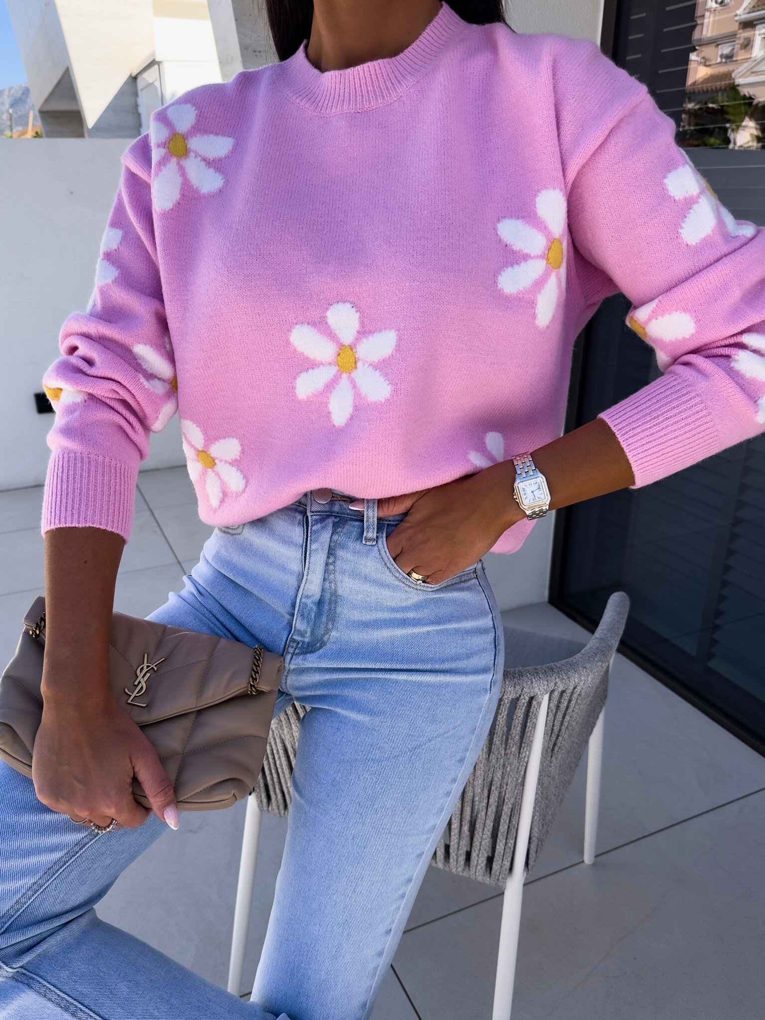 Sweter Primavero w stokrotki różowy