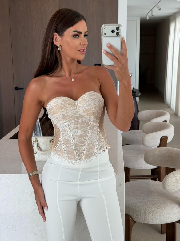 Gorset After Sun koronkowy biało-beżowy