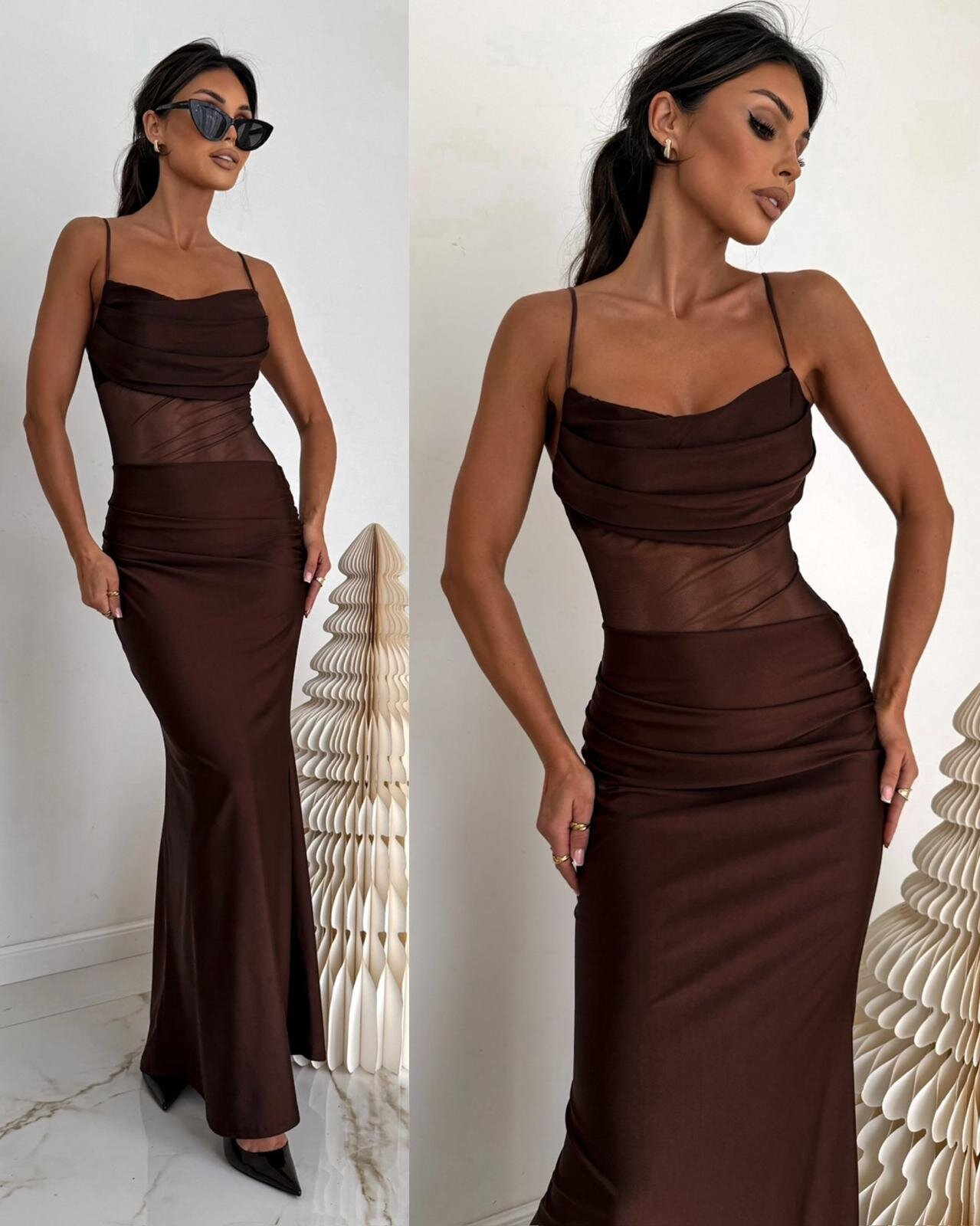 Sukienka Fiolina z siateczką czekoladowa