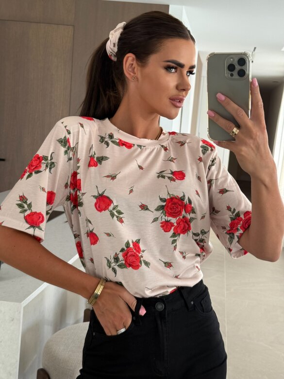 T-shirt Marentino w róże beżowy