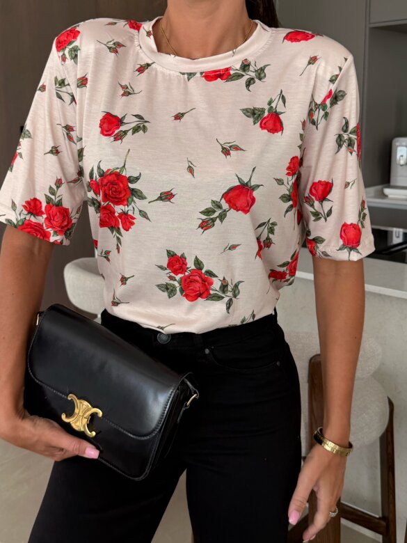T-shirt Marentino w róże beżowy
