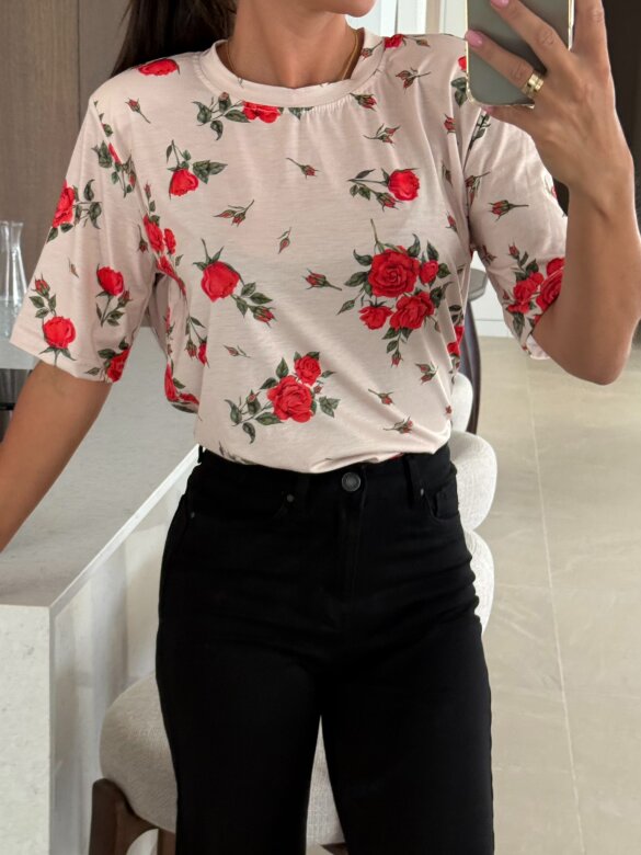 T-shirt Marentino w róże beżowy