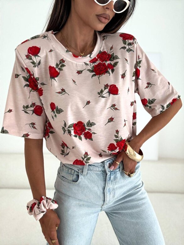 T-shirt Marentino w róże beżowy